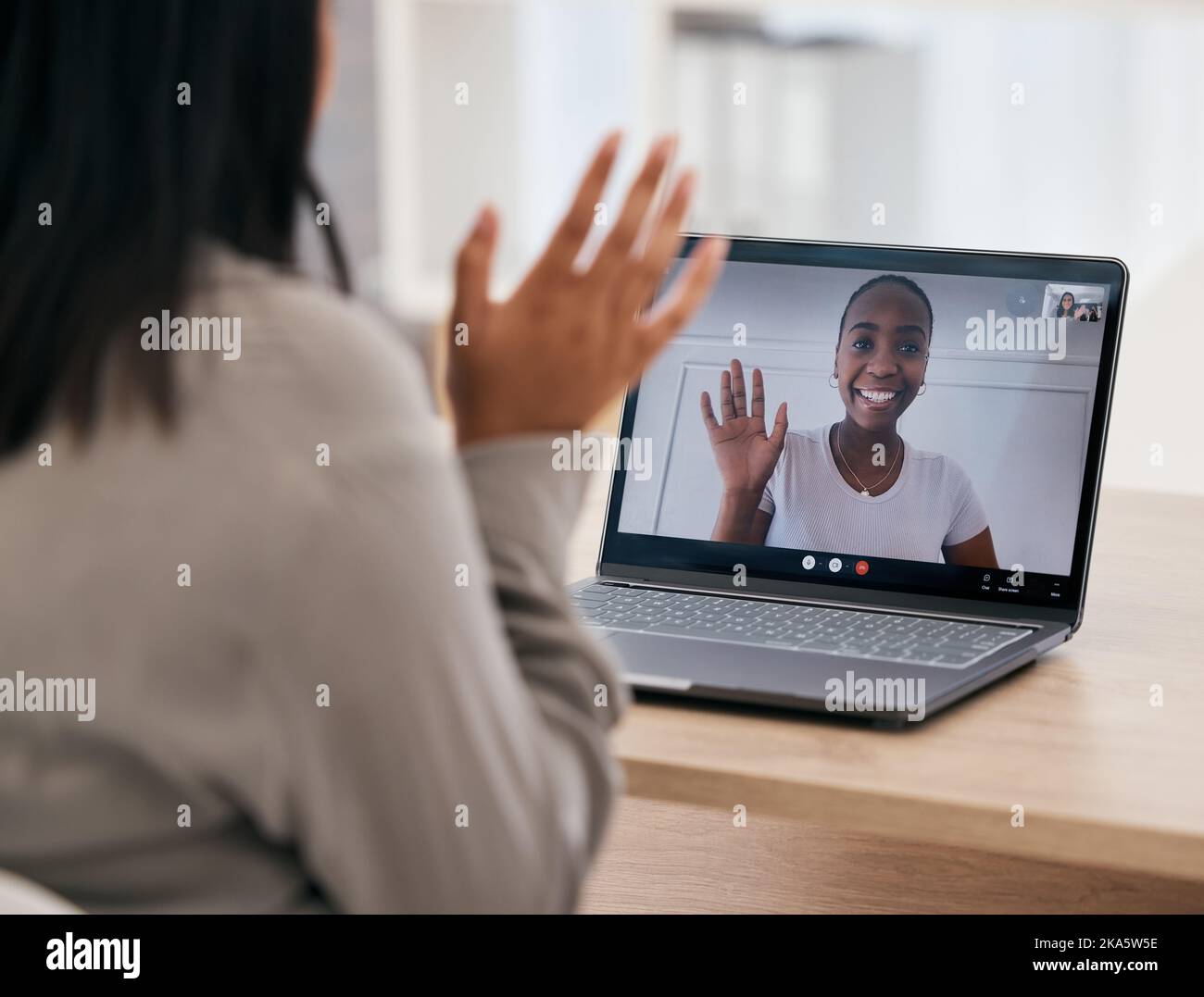 Women, video call wave and laptop with friends talking and being social online. Female