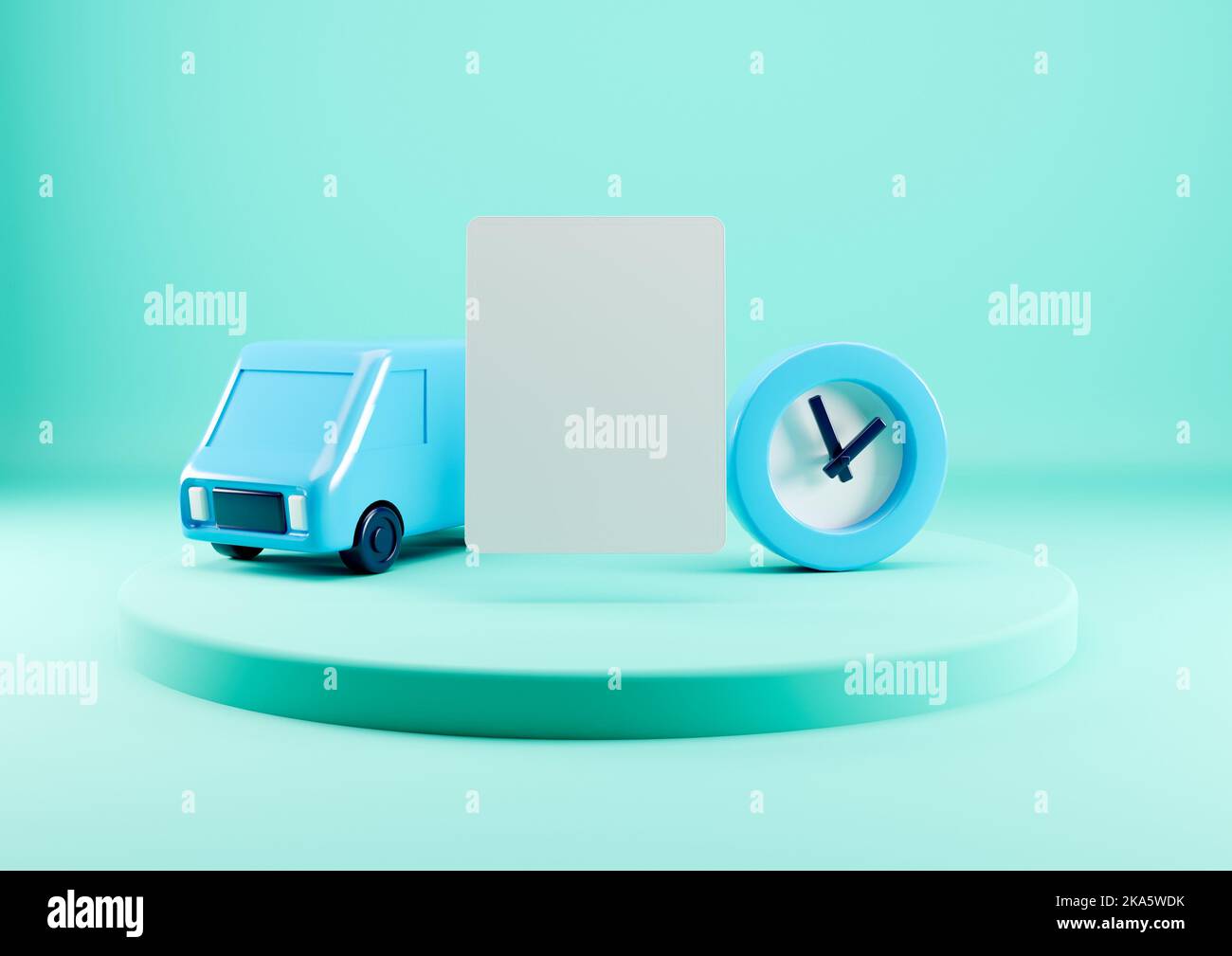Blue van delivery, clock and tablet 3d render Stock Photo - Alamy