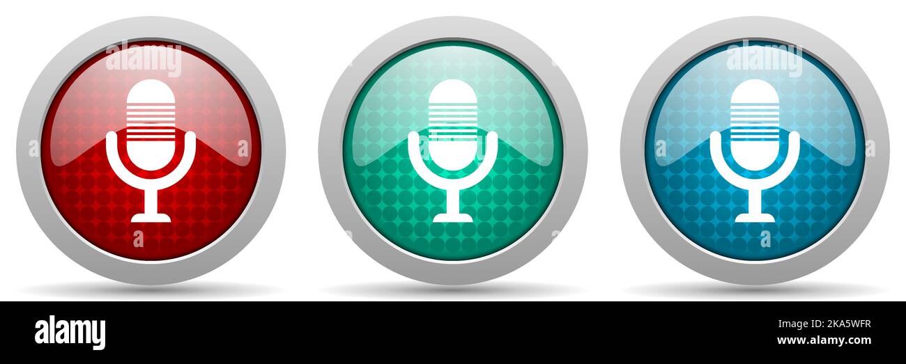 Microphone, audio, record, radio vector icon set, glossy web buttons collection Stock Vector