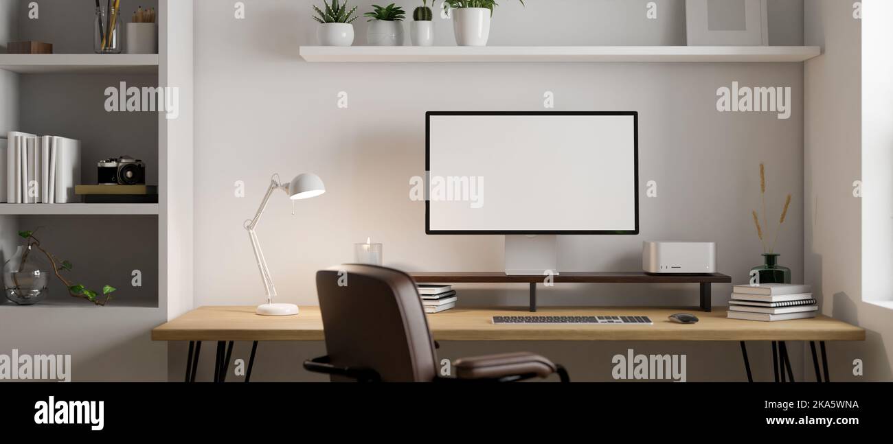 Modern minimal bright home office workspace interior with PC desktop  computer mockup and accessories on wood table, white shelves and wall  shelves, of Stock Photo - Alamy