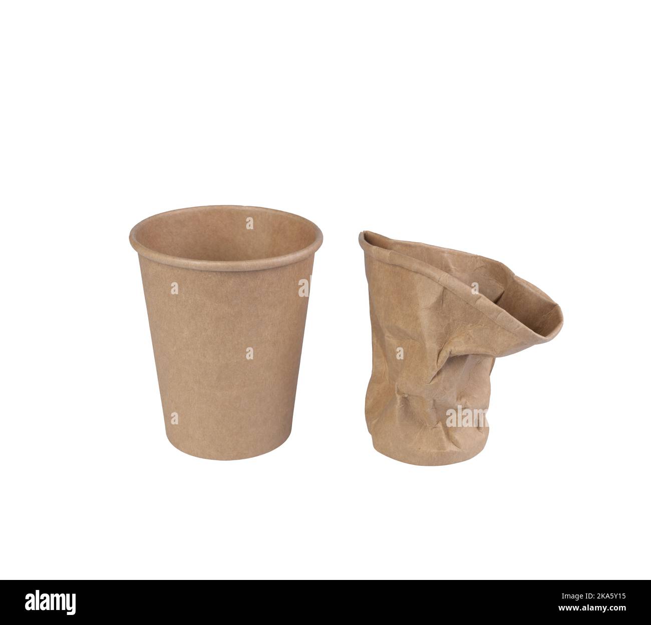 one intact paper cup and one squashed on a transparent background Stock Photo