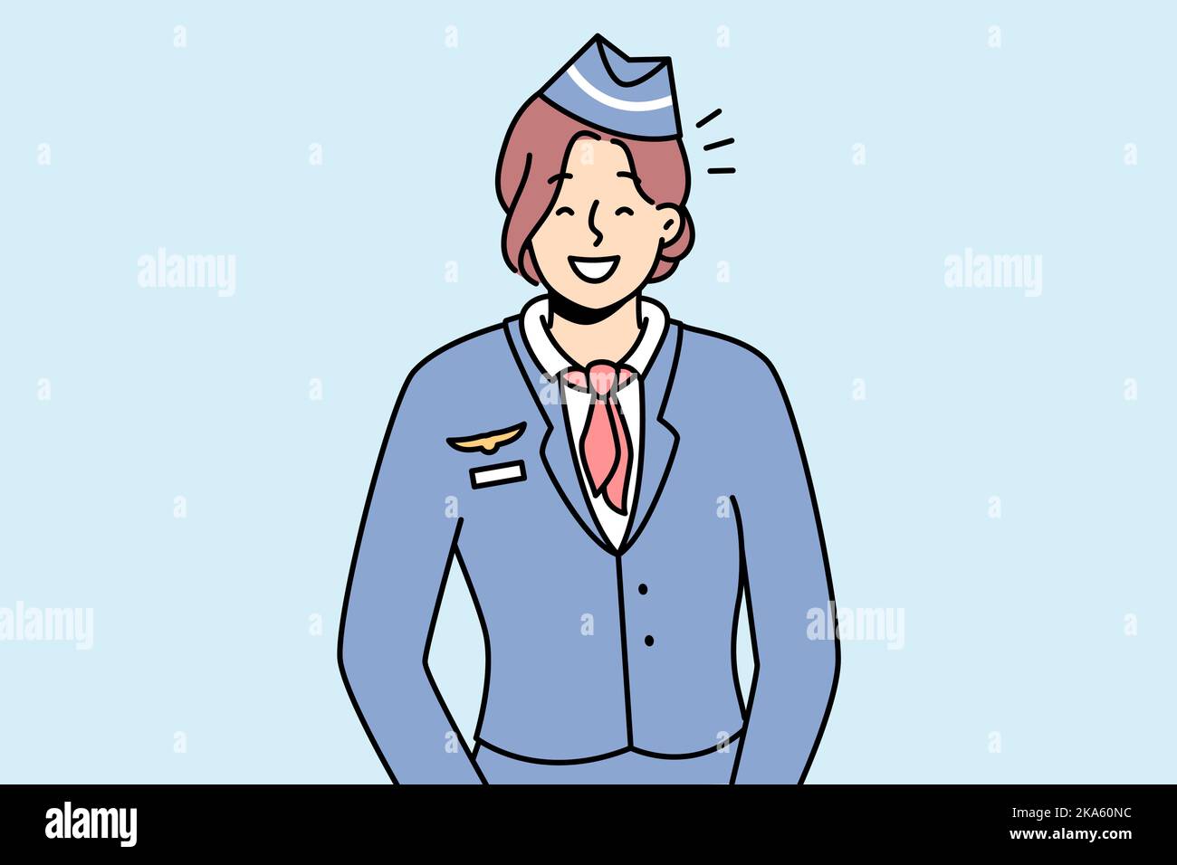 Portrait of smiling young female stewardess in uniform. Happy woman flight attendant feeling optimistic and positive. Occupation. Vector illustration.  Stock Vector