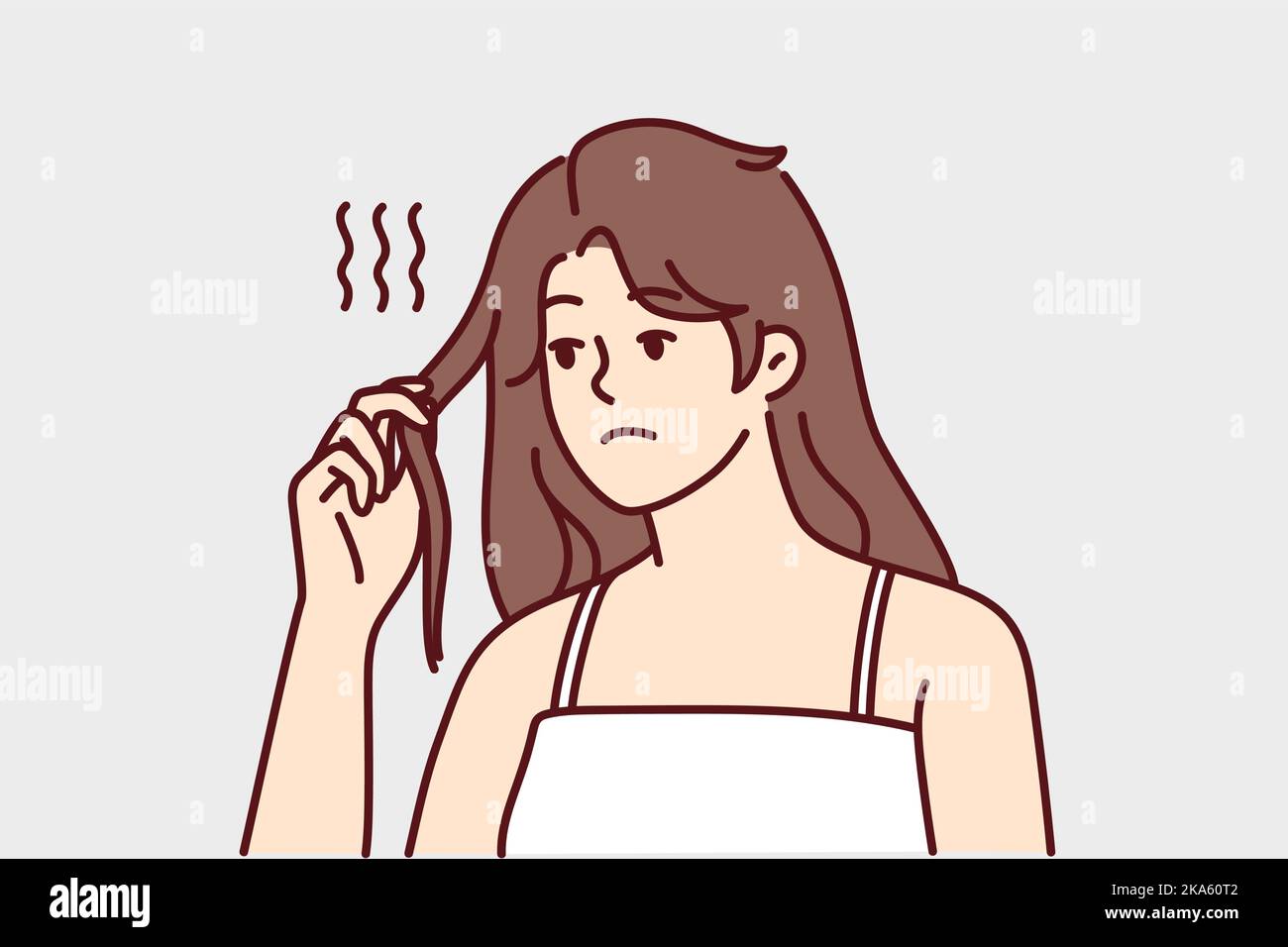 Unhappy young woman distressed with thin breakable hair. Upset girl frustrated with hair loss and breakage having split ends. Haircare and beauty. Vector illustration.  Stock Vector