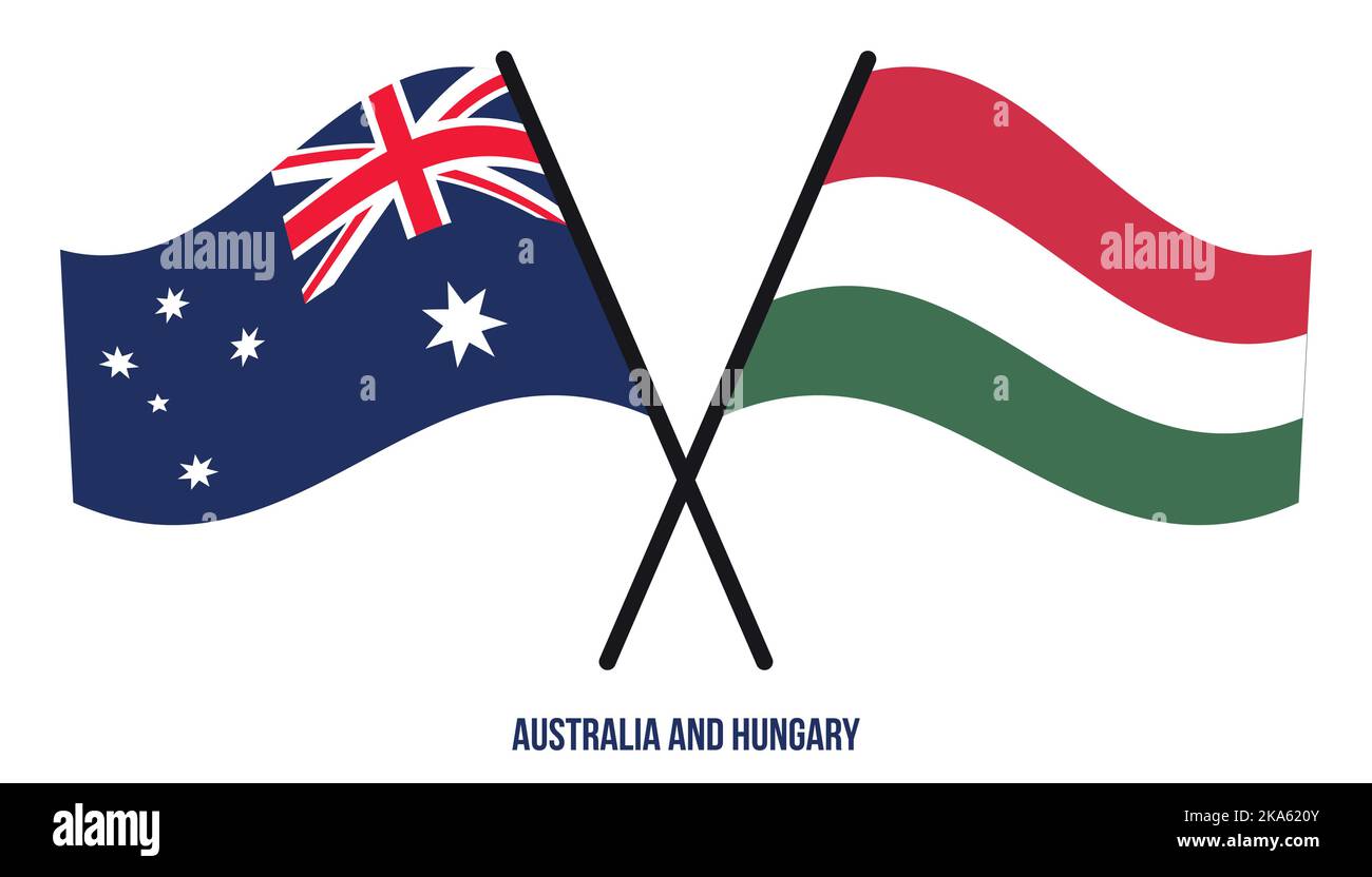 Australia and Hungary Flags Crossed And Waving Flat Style. Official Proportion. Correct Colors. Stock Vector