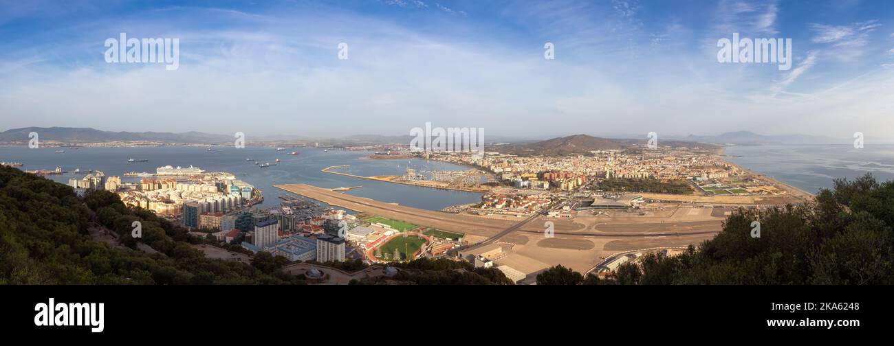 View of the City, Airport and Port from top of Rock of Gibraltar. Stock Photo