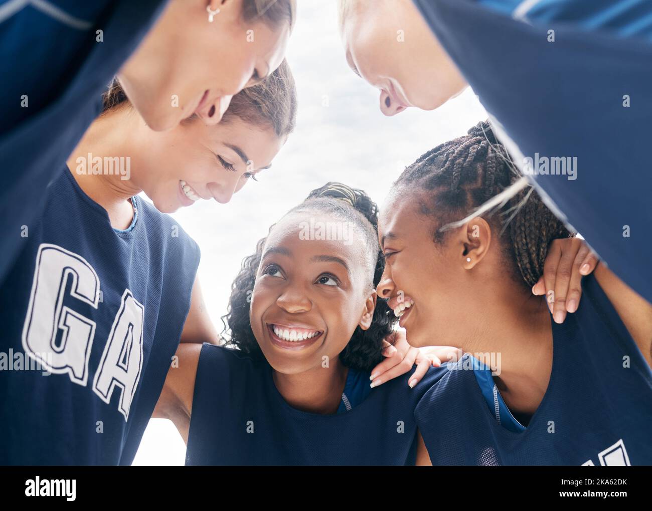 Women netball teamwork, motivation and strategy, support and winner target planning for competition games. Happy, excited and coaching huddle of Stock Photo