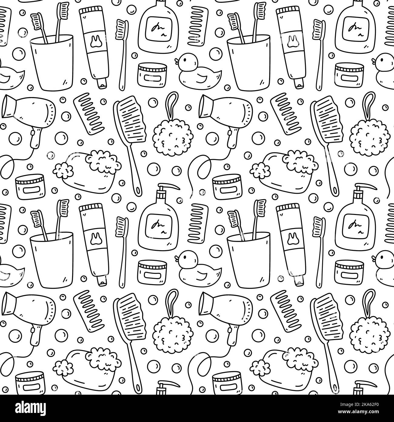 Seamless pattern with bath accessories - shampoo, rubber duck