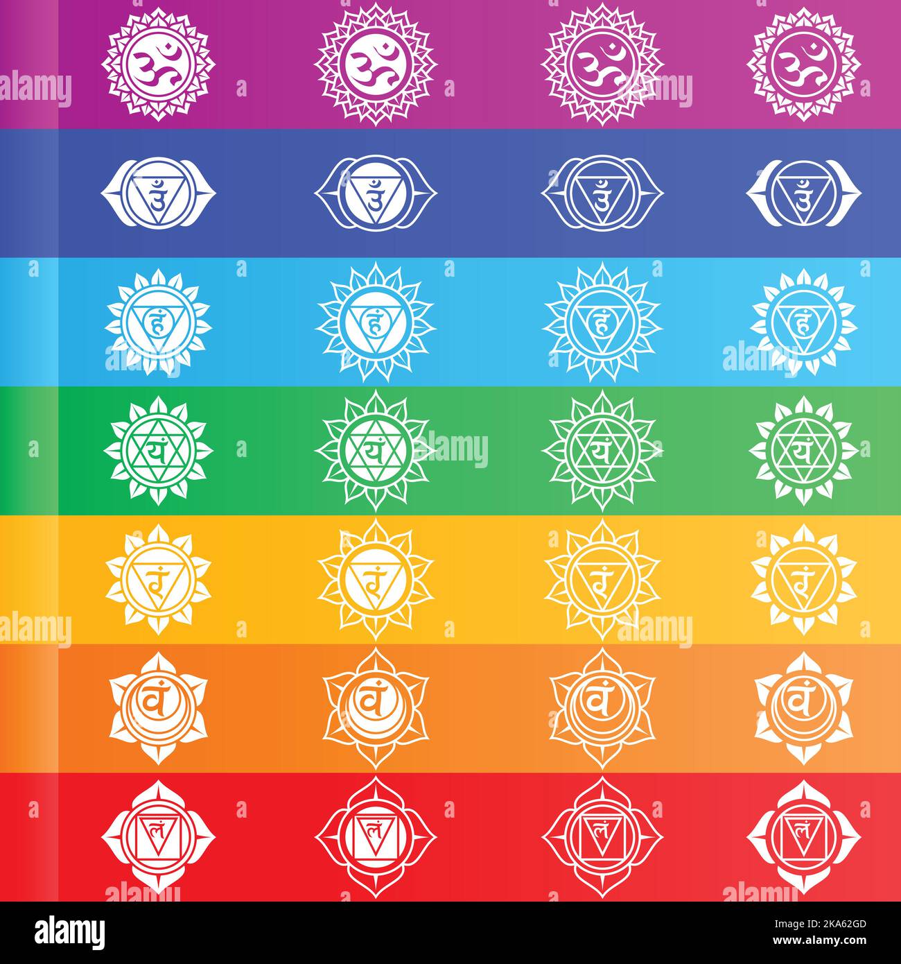 Vector design of the seven chakra energy center, a symbol of Hinduism doctrine that shows the seven chakras of the human body Stock Vector