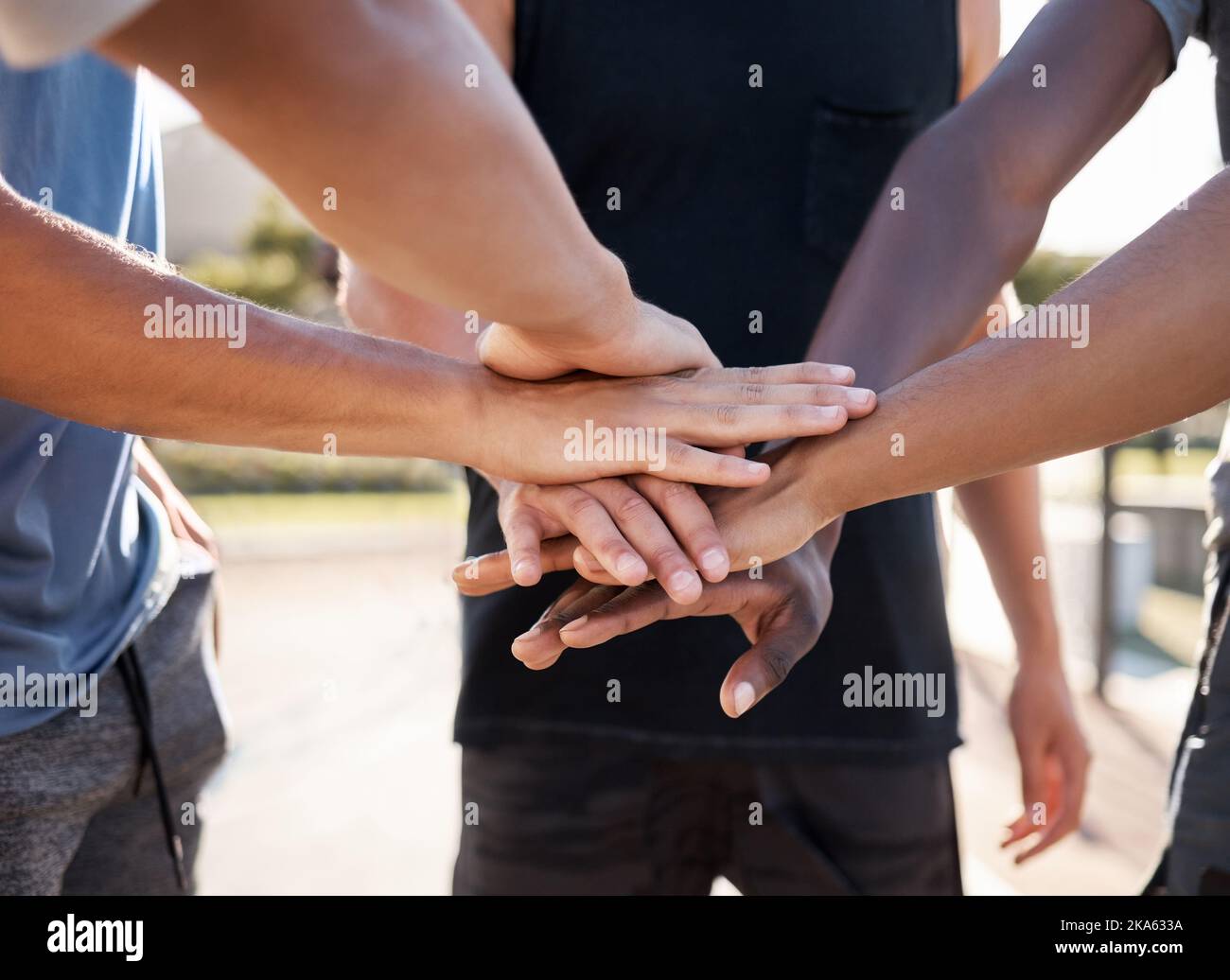Sports, basketball and hands of team in support of huddle closeup