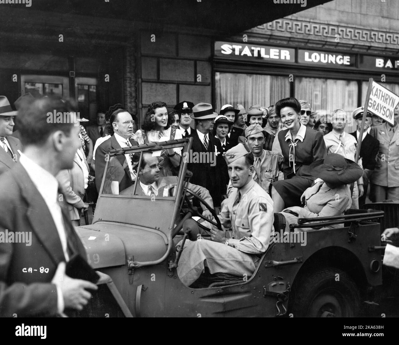 KATHRYN GRAYSON in an Army Jeep outside the Statler Hotel, Boston when she attended the Hollywood Bond Cavalcade in Boston on September 10th1943 Stock Photo