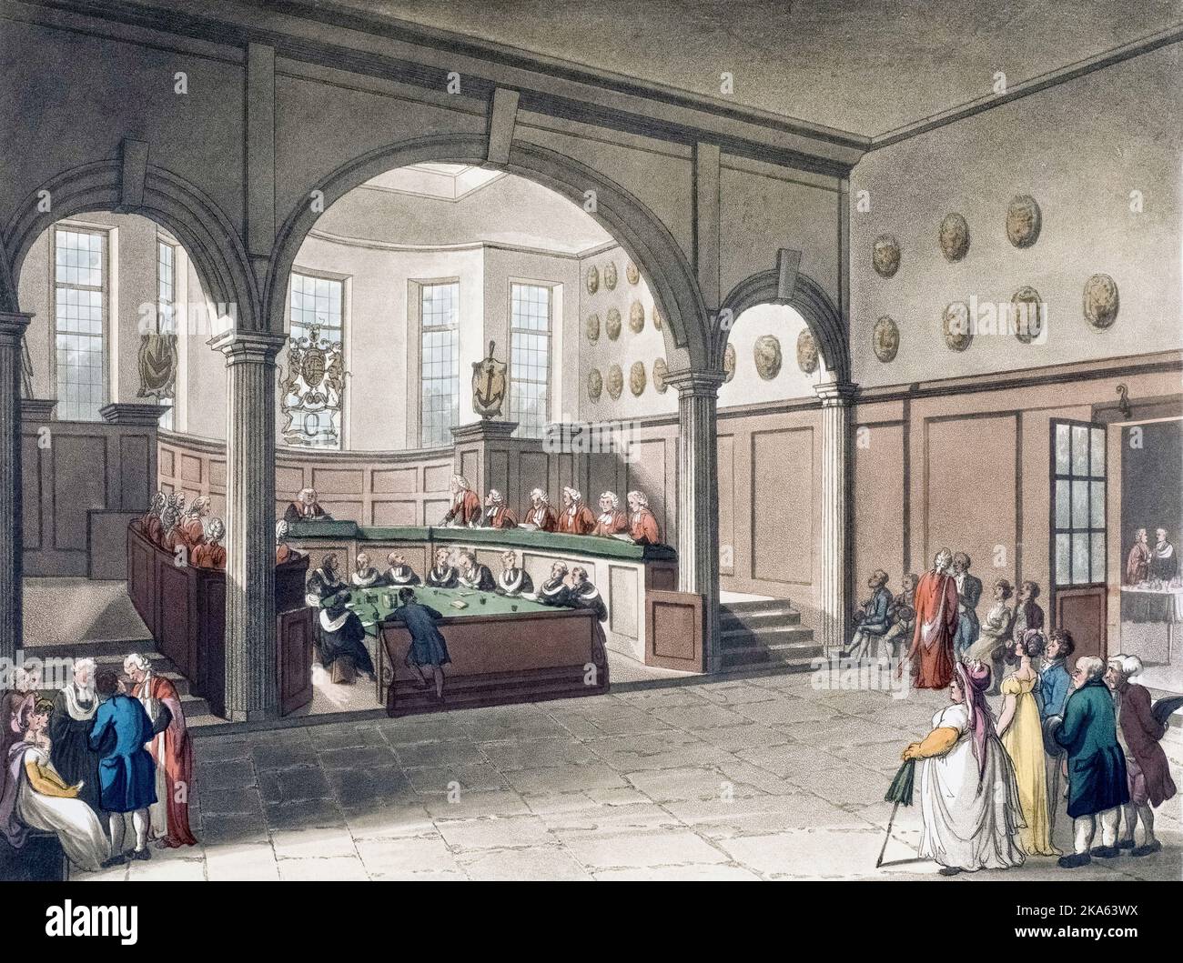 Doctors' Commons.  Circa 1808.  After a work by August Pugin and Thomas Rowlandson in the Microcosm of London, published in three volumes between 1808 and 1810 by Rudolph Ackermann.   Pugin was the artist responsible for the architectural elements in the Microcosm pictures; Thomas Rowlandson was hired to add the lively human figures. Stock Photo