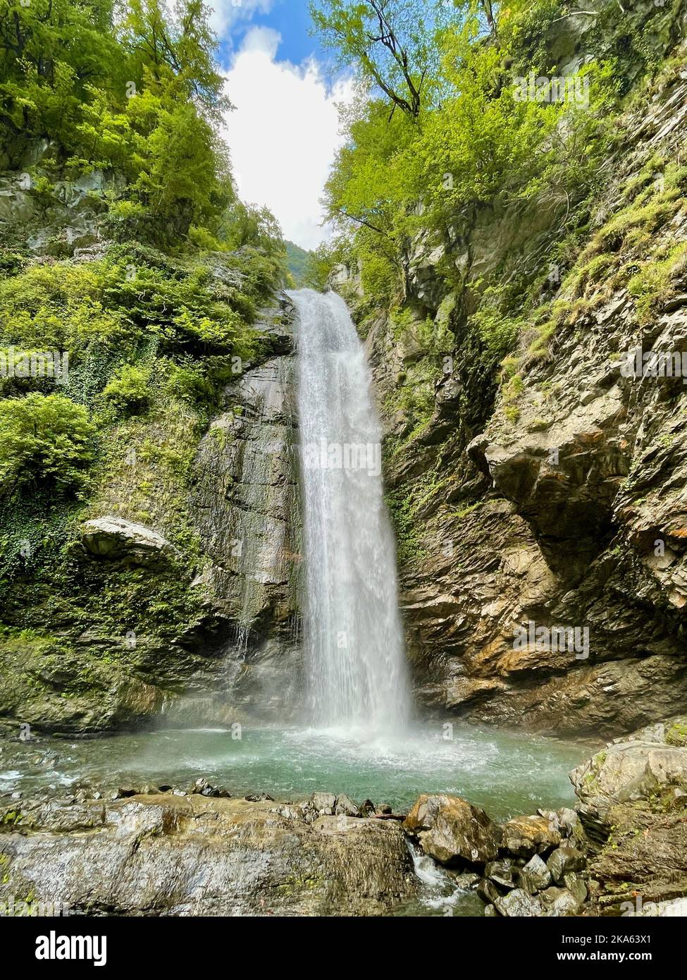 Ninoskhevi waterfall in lush green Lagodekhi National Park, Georgia. High quality photo Stock Photo