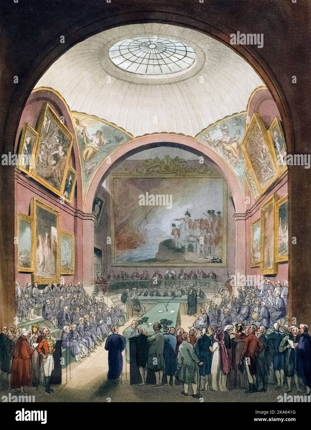 Common Council Chamber, Guildhall.  Circa 1808.  After a work by August Pugin and Thomas Rowlandson in the Microcosm of London, published in three volumes between 1808 and 1810 by Rudolph Ackermann.   Pugin was the artist responsible for the architectural elements in the Microcosm pictures; Thomas Rowlandson was hired to add the lively human figures. Stock Photo