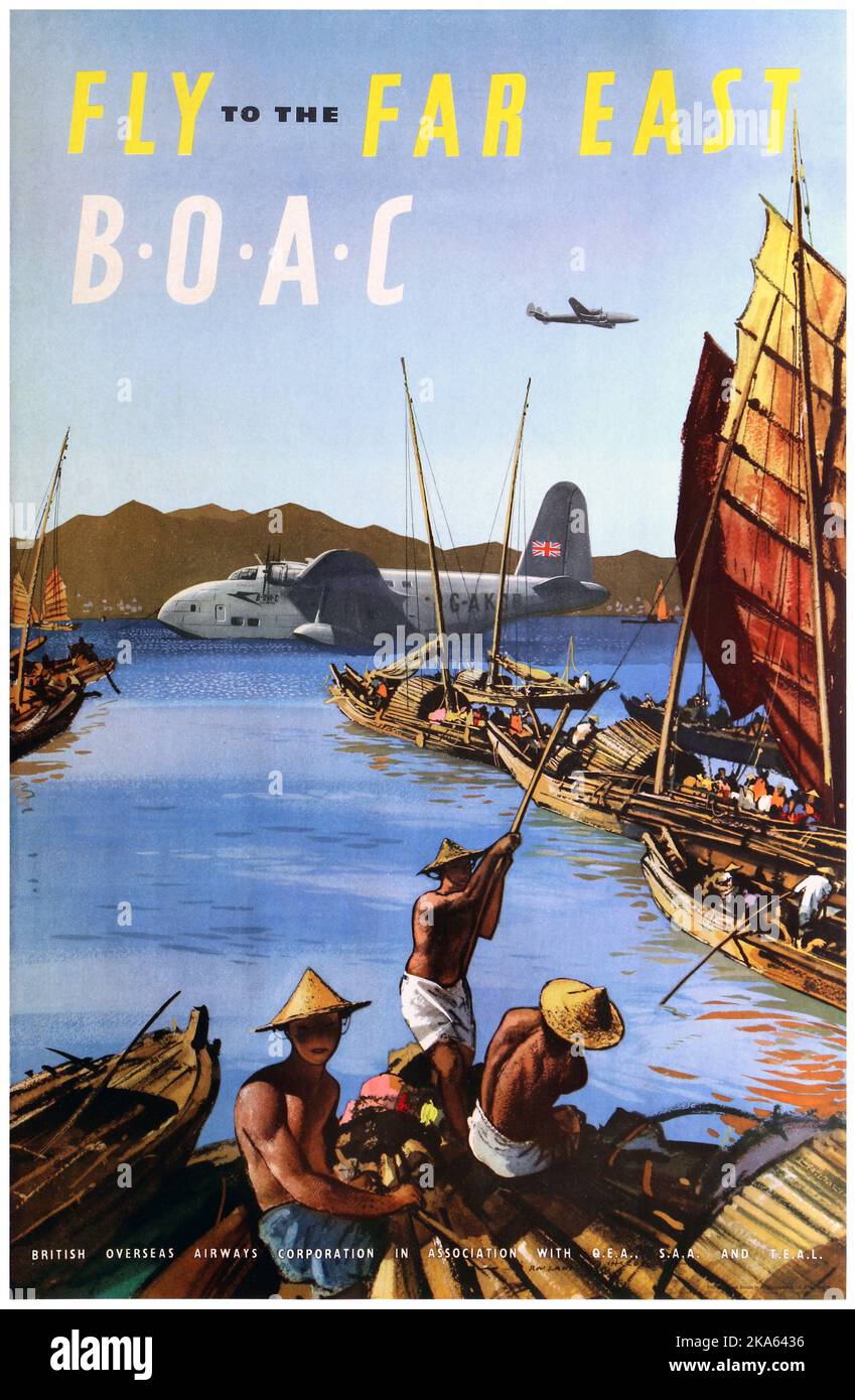 Fly to the Far East. B.O.A.C by Friedrich Schiff (1908-1968). Poster published around 1940 in Hongkong. Stock Photo