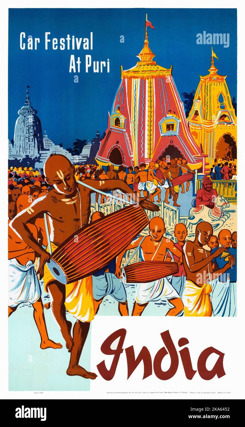 Car Festival at Puri. India. Artist unknown. Poster published in 1950. Stock Photo