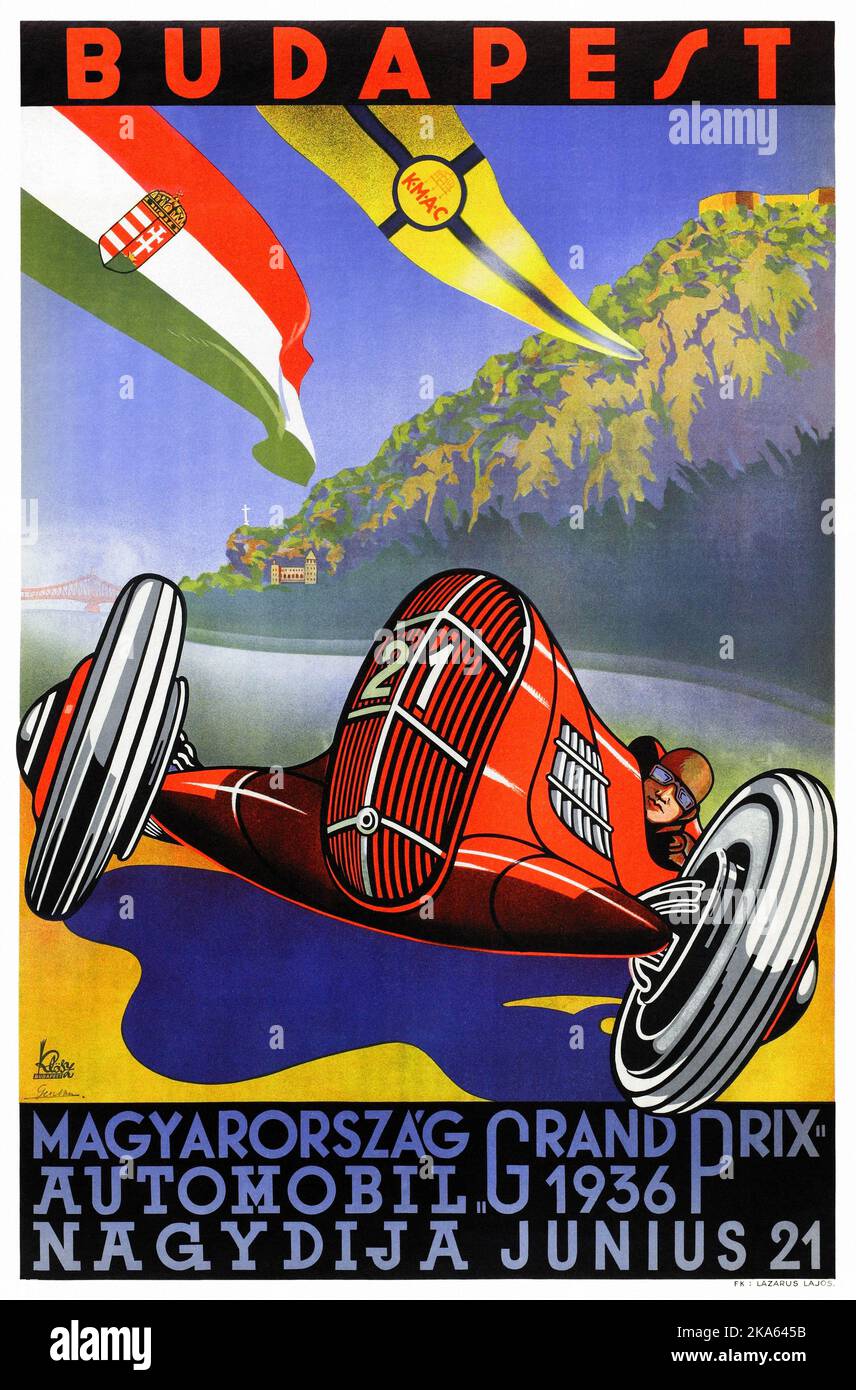 Budapest. Magyarország Grand Prix Automobil. Artist unknown. Poster published in 1936 in Hungary. Stock Photo