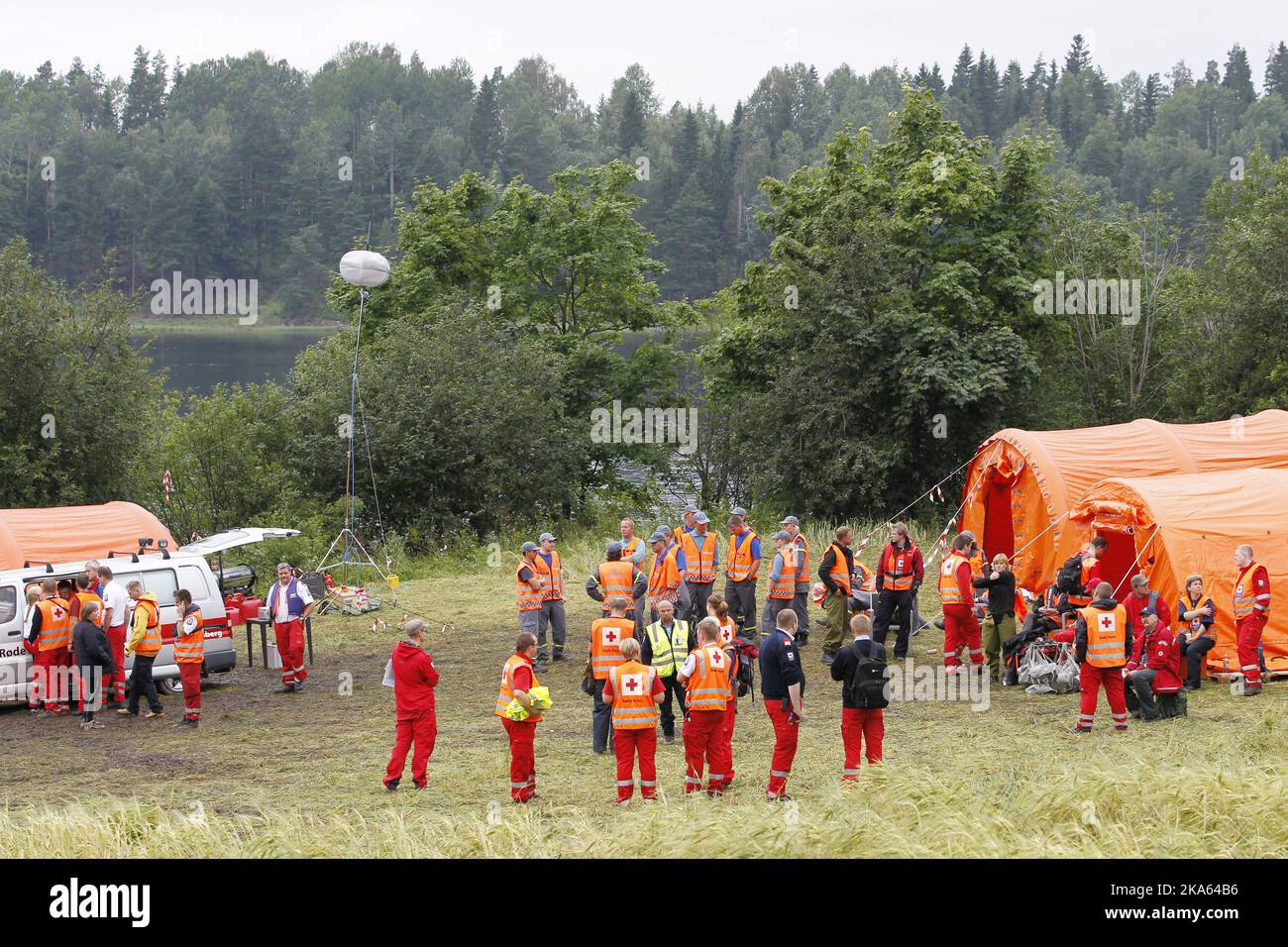 Sundvolden 20110723. Utoya youth massacre aftermath. Rescue and search work is operated from this base at Storoya in Tyrifjord.  Photo: Haakon Mosvold Larsen / Scanpix Norway  Stock Photo