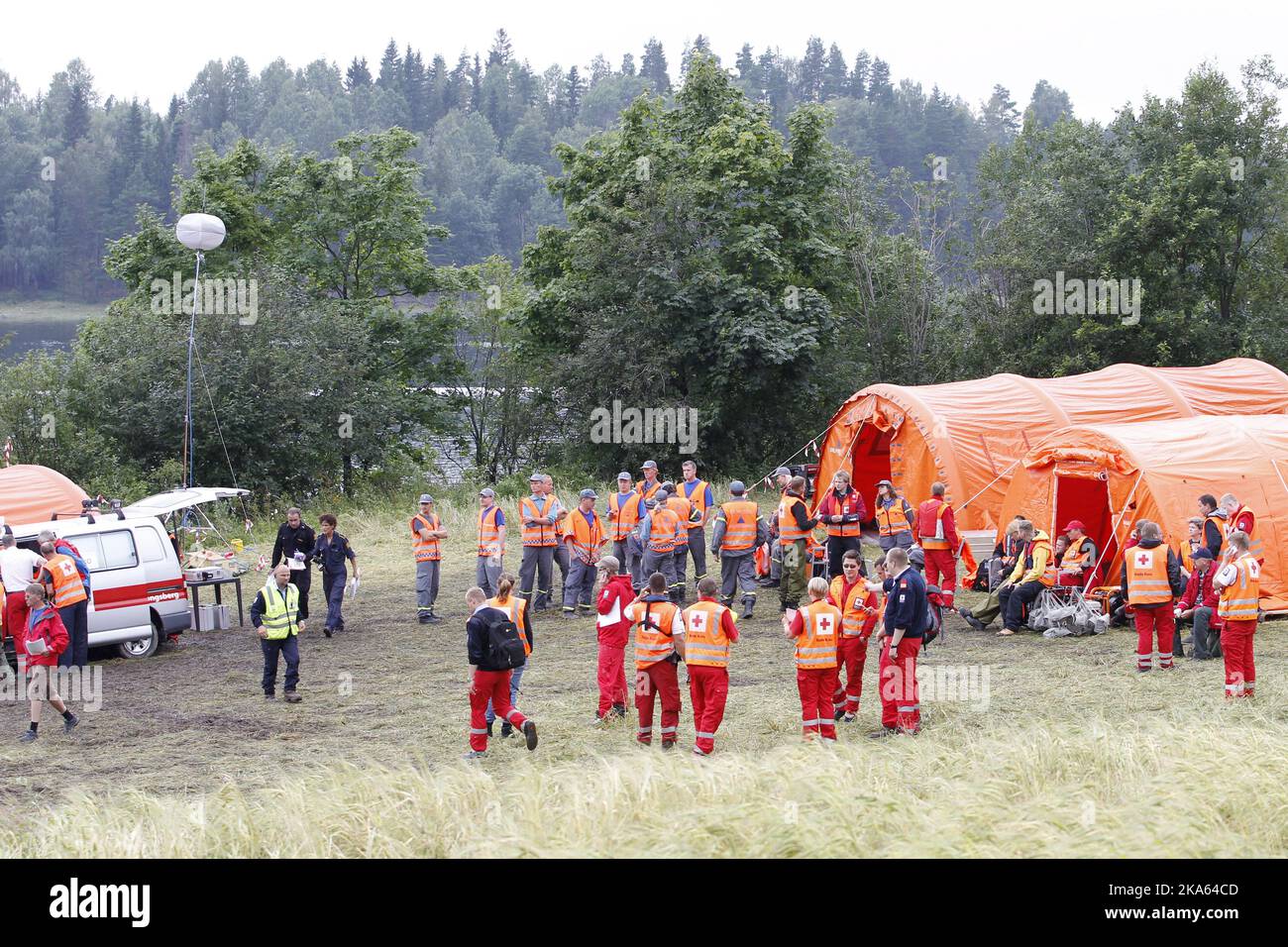 Sundvolden 20110723. Utoya youth massacre aftermath. Rescue and search work is operated from this base at Storoya in Tyrifjord.  Photo: Haakon Mosvold Larsen / Scanpix Norway  Stock Photo