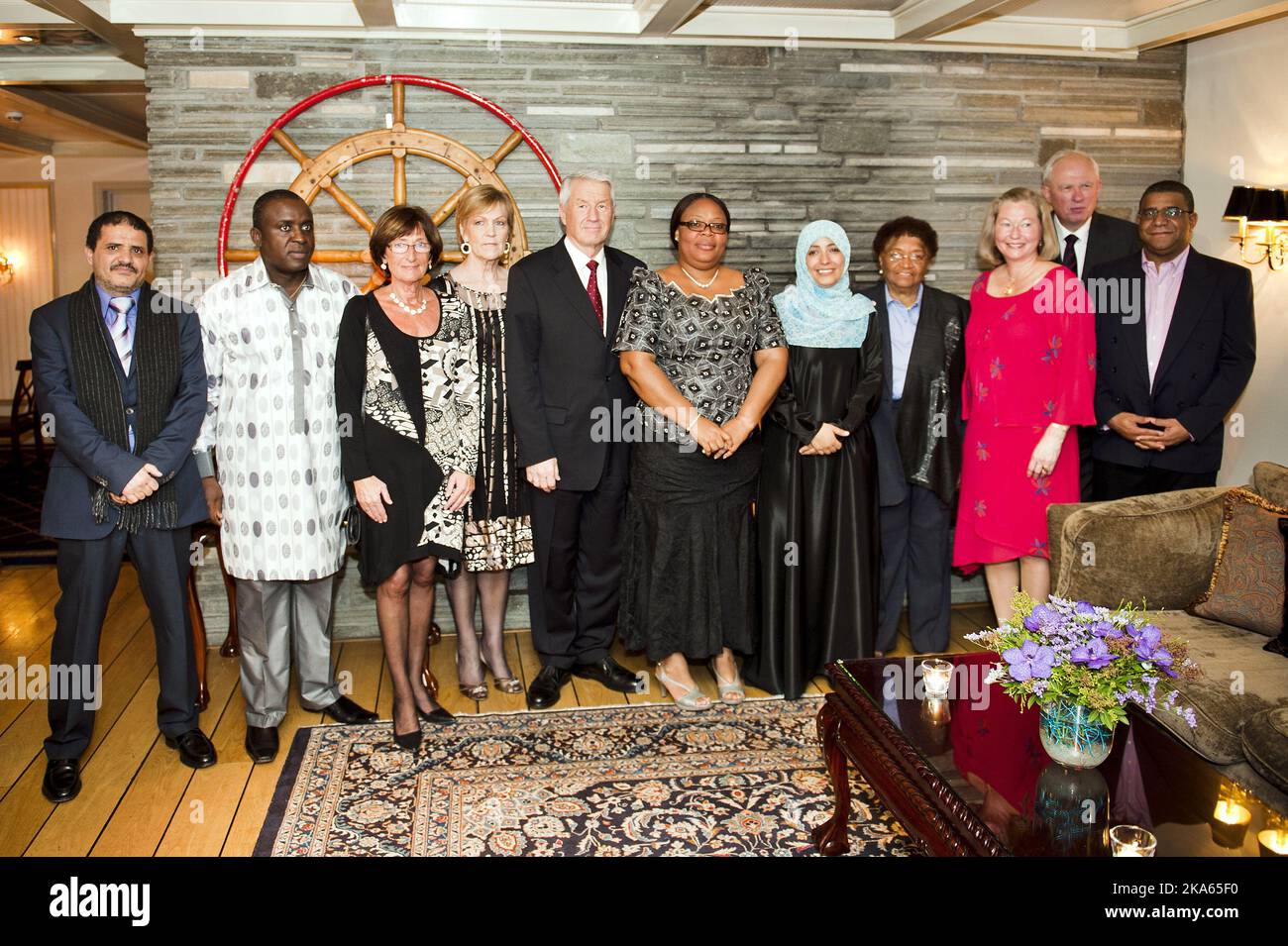 Nobel Peace Prize winners Liberian President Ellen Johnson-Sirleaf, the Liberian peace activist Leymah Gbowee and human rights activist Tawakul Karman from Yemen arrive with the Nobel committee chairman Thorbjørn Jagland and director of the Norwegian Nobel Institute Geir Lundestad to the Nobel committee's 'Little Dinner' at the Grand Hotel Friday December 9. Photo by Fredrik Varfjell / Scanpix Norway Stock Photo