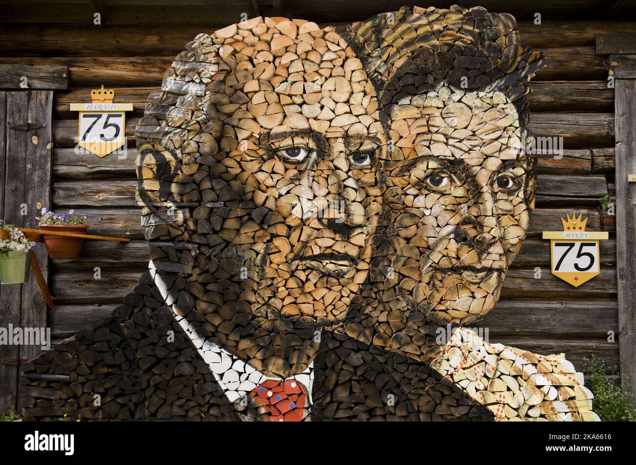 This winter Ole Kristian Kjelling (80) and his wife Zofia will be kept warm by King Harald and Queen Sonja of Norway. A month ago he started the task of stacking firewood into a portrait of the royal couple. It took 6-7 wheelbarrow loads, or 200-300 kilos of birch wood to complete the project. - I have painted everything with ordinary oil paints and been working under a tarpaulin for the last month. It is sculpted and then painted. ItÕs a good thing I have the patience of a horse - the weather has not been on my side Stock Photo