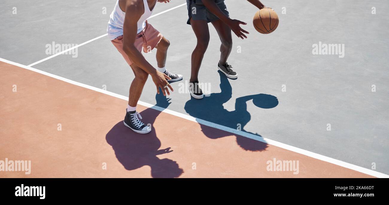 Sports, fitness and basketball training by men at basketball court for