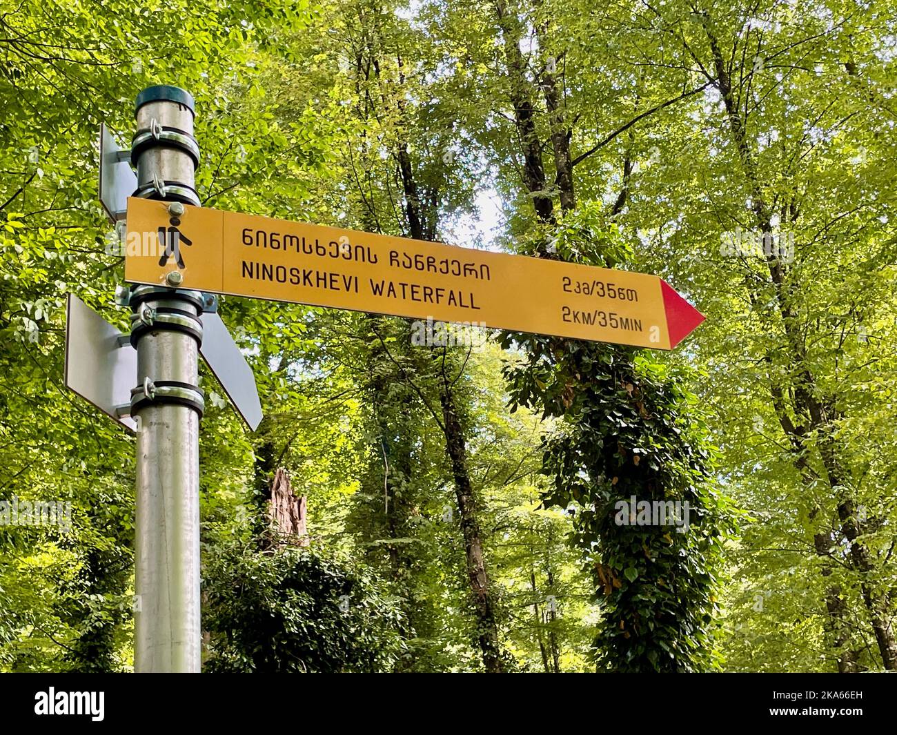 Yellow sign indicating hiking trail to Ninoskhevi waterfall in lush green Lagodekhi National Park, Georgia. High quality photo Stock Photo