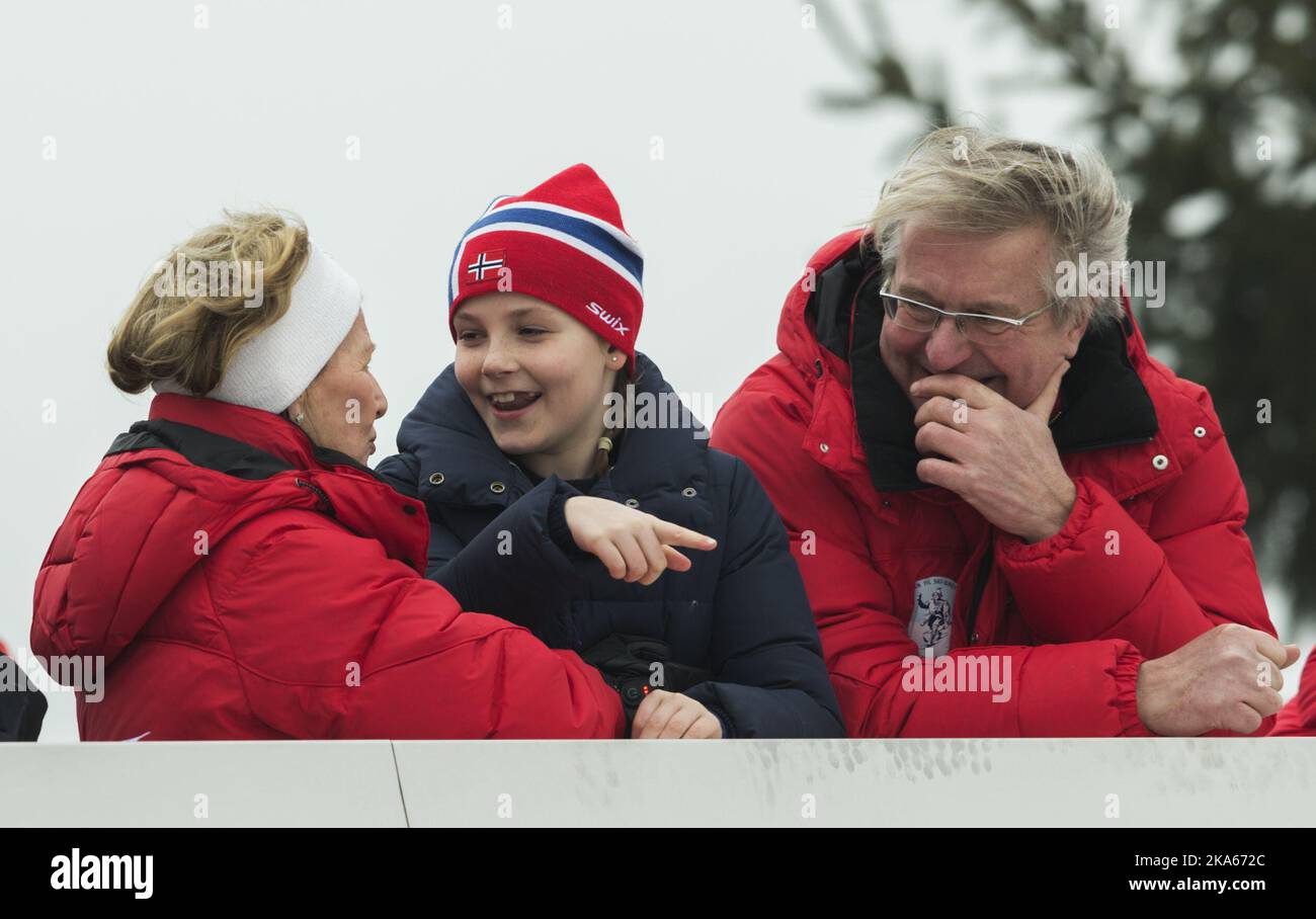 The Norwegian Royal Family visits Holmenkollen at Ski World Cup, watching ski jump. From left: Queen Sonja, Princess Ingrid Alexandra and Fabian Stang, Mayor of Oslo.     Stock Photo