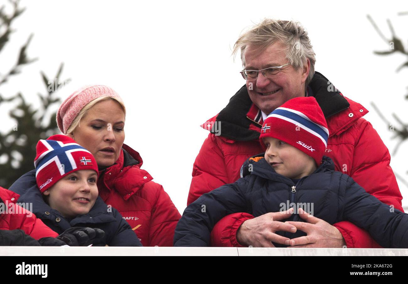 The Norwegian Royal Family visits Holmenkollen at Ski World Cup, watching ski jump. Prince Sverre Magnus and Princess Ingrid Alexandra arguing. Behind them is Fabian Stang, Mayor of Oslo and Crown Princess Mette Marit.     Stock Photo