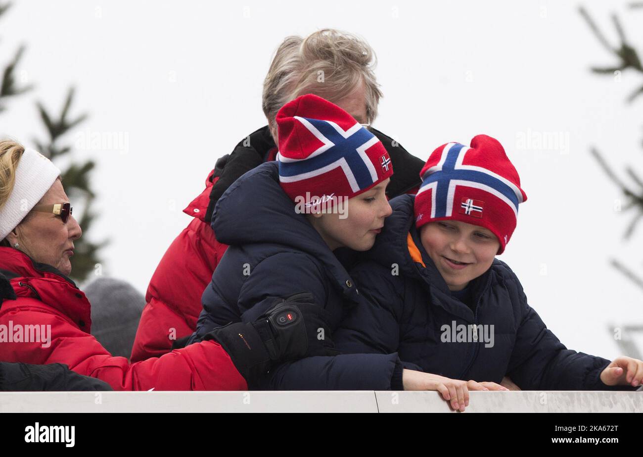 The Norwegian Royal Family visits Holmenkollen at Ski World Cup, watching ski jump. Prince Sverre Magnus and Princess Ingrid Alexandra arguing. Behind them is Fabian Stang, Mayor of Oslo. Queen Sonja to the left.    Stock Photo