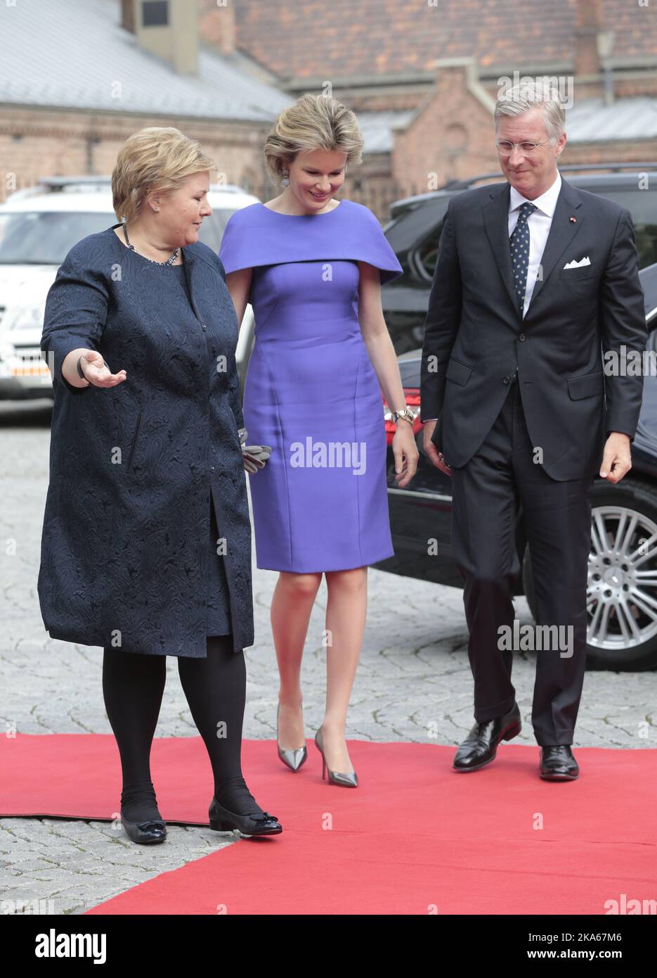 The Belgian Royal couple, King Philippe and Queen Mathilde were received by the Norwegian Prime Minister Erna Solberg at her office in Oslo during their official visit to Norway Wednesday April 30, 2014.  Stock Photo