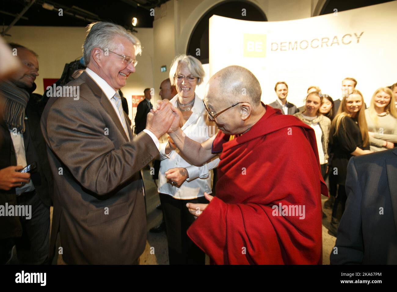 The Dalai Lama visited the Nobel Peace Center Friday where he met Oslo Mayor Fabian Stang.  Stock Photo