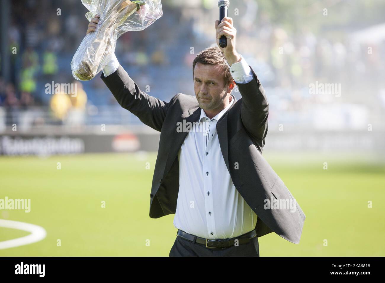 Outgoing manager of Stromsgodset FK and incoming manager of Scottish Premiership club Celtic Ronny Deila reacts after speaking to the supporters after half time of the match between Stromsgodset and Haugesund in the Norwegian top football league in Drammen, 9 June 2014. Photo by Audun Braastad, NTB scanpix Stock Photo