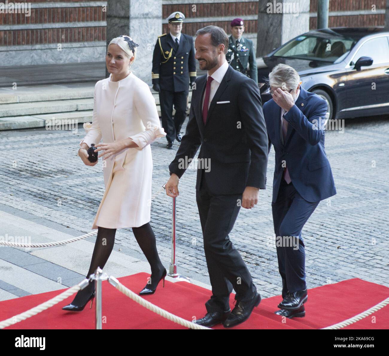 Oslo 20141210. Nobel Peace Prize 2014. The Royal Family arrive Town Hall to attend the ceremony Wednesday. From left: Crown Princess Mette-Marit, Crown Prince Haakon and Mayor Fabian Stang. Photo: Torstein Boe/ Stock Photo