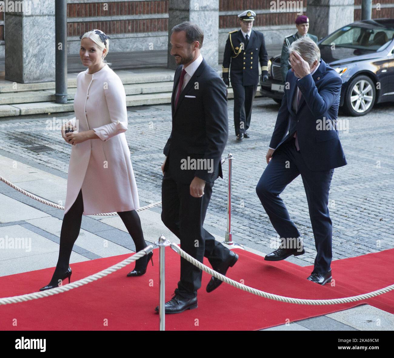 Oslo 20141210. Nobel Peace Prize 2014. The Royal Family arrive Town Hall to attend the ceremony Wednesday. From left: Crown Princess Mette-Marit, Crown Prince Haakon and Mayor Fabian Stang. Photo: Torstein Boe/ Stock Photo