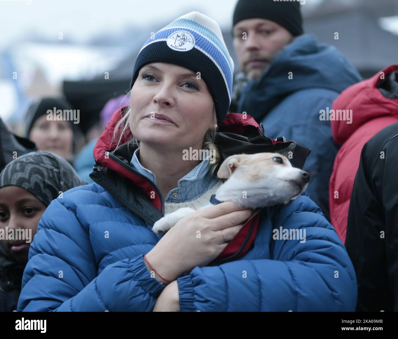 Oslo, Norway 20150113. The Royal Crown Prince Couple visit Toyenparken in Oslo on Tuesday for the opening of the Outdoor Recreation Year 2015 (Friluftlivets aar). 1600 children an youth attended the opening. Here puppy 'Toeffen' owned by mayor Fabian Stang receives the royal touch of the Crown Princess Mette-Marit. Photo: Lise Aaserud / NTB scanpix  Stock Photo