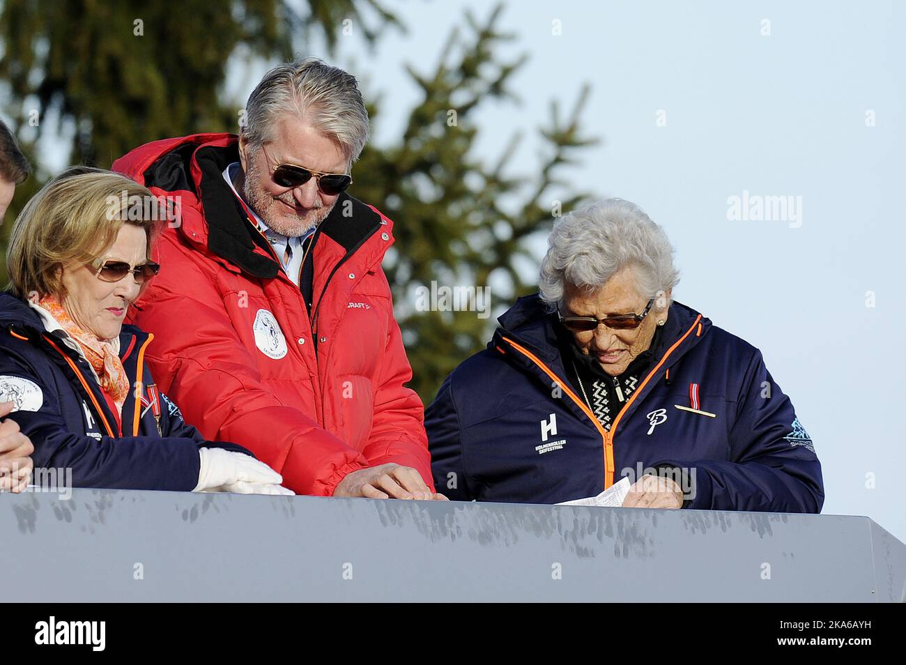 Oslo, Norway, 20150315 The Norwegian Royal Family were present in the Royal box at the Holmenkollen Ski Arena in Oslo Sunday March 15, 2015 for the last World Cup skijump competition of the season. Picture shows Queen Sonja, mayor of Oslo, Fabian Stang, and Princess Astrid. Photo: Jon Olav Nesvold / NTB scanpix  Stock Photo