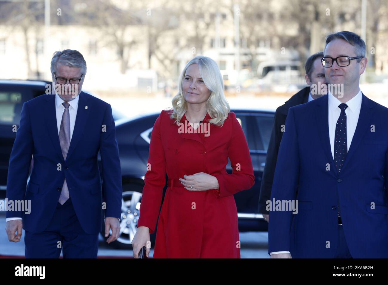 OSLO, Norway 20150312. Crown Princess Mette-Marit arrive the Opera to participate in the commemoration of NIMA Norwegian Association of Purchasing and Logistics 100th anniversary. The Crown Princess was greeted by Mayor Fabian Stang (left), Chairman of Nima Svein-Egil Holberg and Adm. Director at the Norwegian Opera Nils Are Kartad Lysoe. Photo: Cornelius Poppe / NTB scanpix Stock Photo