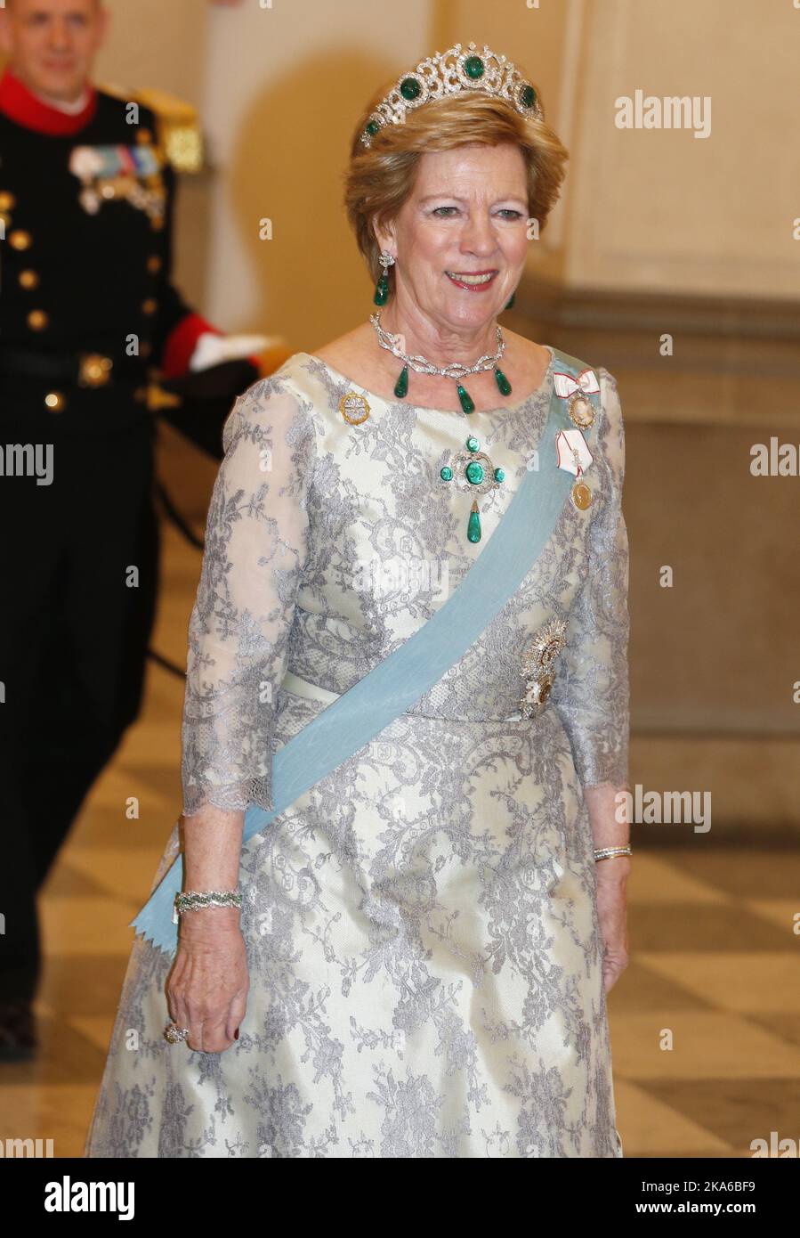 COPENHAGEN, DENMARK 20150415. Ex-King Constantine and Queen Anne-Marie of Greece arrive Christiansborg Palace in Copenhagen, Denmark on Wednesday night in connection with Queen Margrethe's 75th birthday and dinner. Photo: Lise Aaserud / NTB scanpix Stock Photo