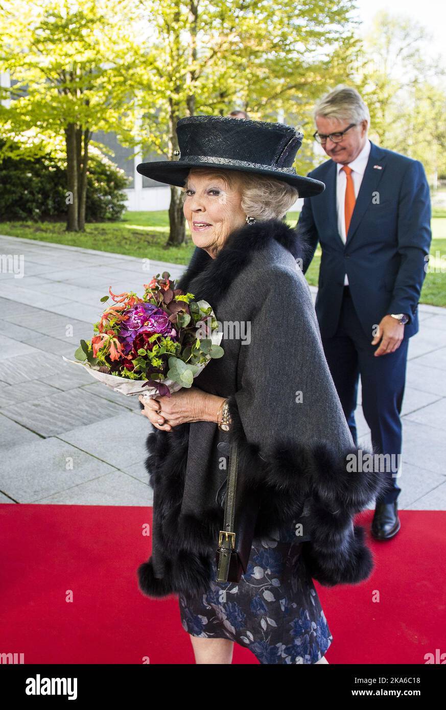 Oslo, Norway May 09, 2015. Princess Beatrix of the Netherlands, ecorted city Oslo Mayor Fabian Stang, attends the opening of an exhibition pairing the works of artists Edvard Munch and Vincent van Gogh at the Munch Museum in Oslo. Phot by Fredrik Varfjell, NTB scanpix Stock Photo