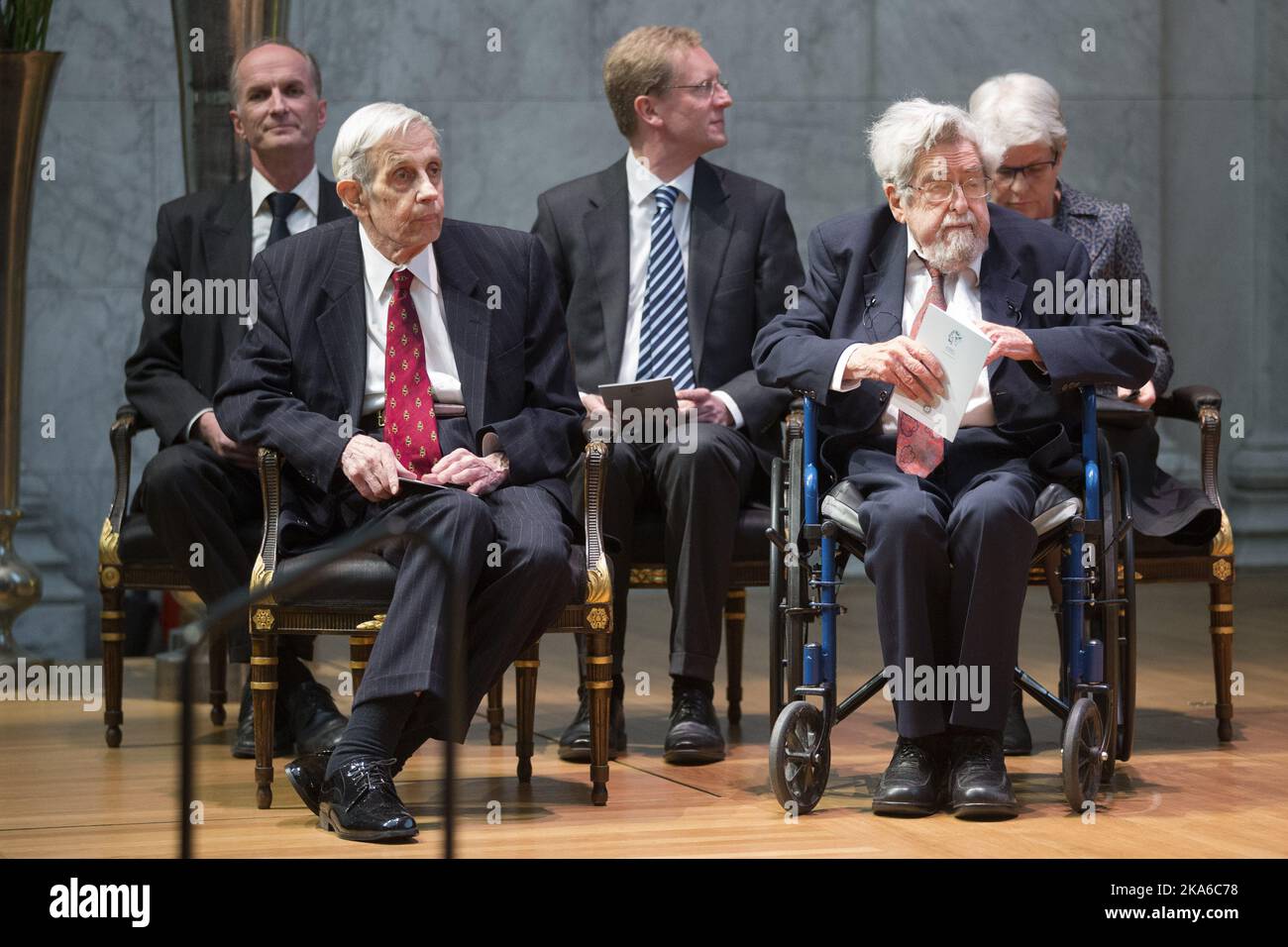 Mathematicians John F. Nash Jr  (left) and Louis Nirenberg before receiving the Abel Prize 2015 at a ceremony in University of Oslo   Stock Photo