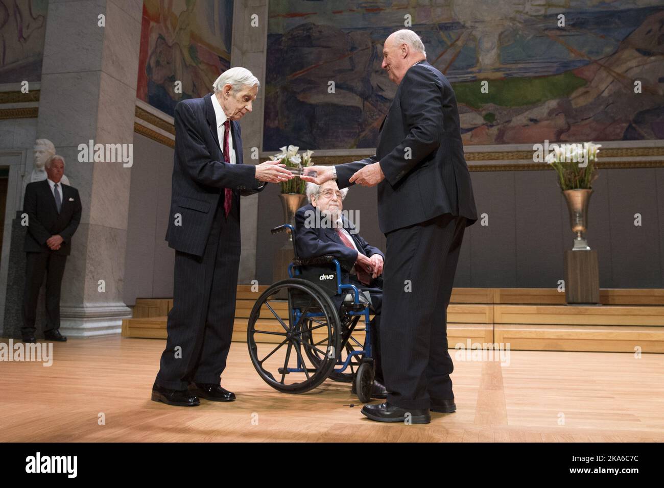 King Harald presents the Abel Prize in 2015 for mathematicians John F. Nash Jr and Louis Nirenberg ( in wheelchair) at a ceremony in University of Oslo  Stock Photo
