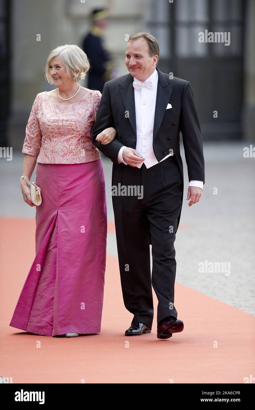 STOCKHOLM, SWEDEN 20150613. Wedding between Prince Carl Philip and Sofia Hellqvist. Swedish Prime Minister Stefan Lofven arrive the Royal Chapel in Stockholm with his wife Ulla to take part in Saturday's prince wedding. Photo: Jon Olav Nesvold / NTB scanpix Stock Photo