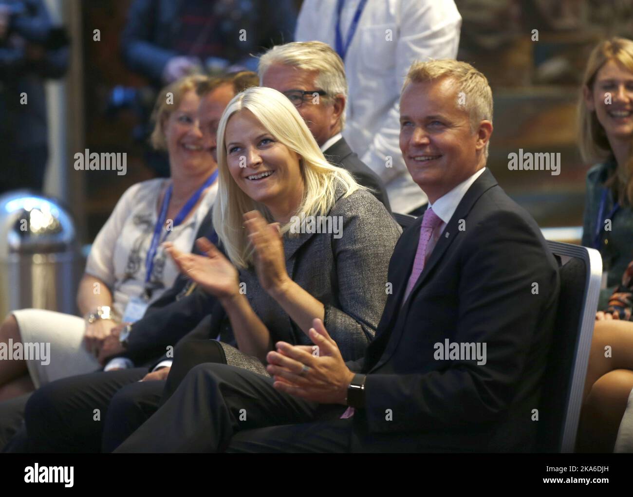 Oslo, Norway 20150903. Princess Mette-Marit is present at Oslo Congress Centre when Norwegian Psychological Association organizes its annual congress psychology 3rd and 4th of September. Mayor Fabian Stang and President of the Norwegian Psychological Association sits next to the Crown Princess. Photo: Vidar Ruud / NTB scanpix Stock Photo