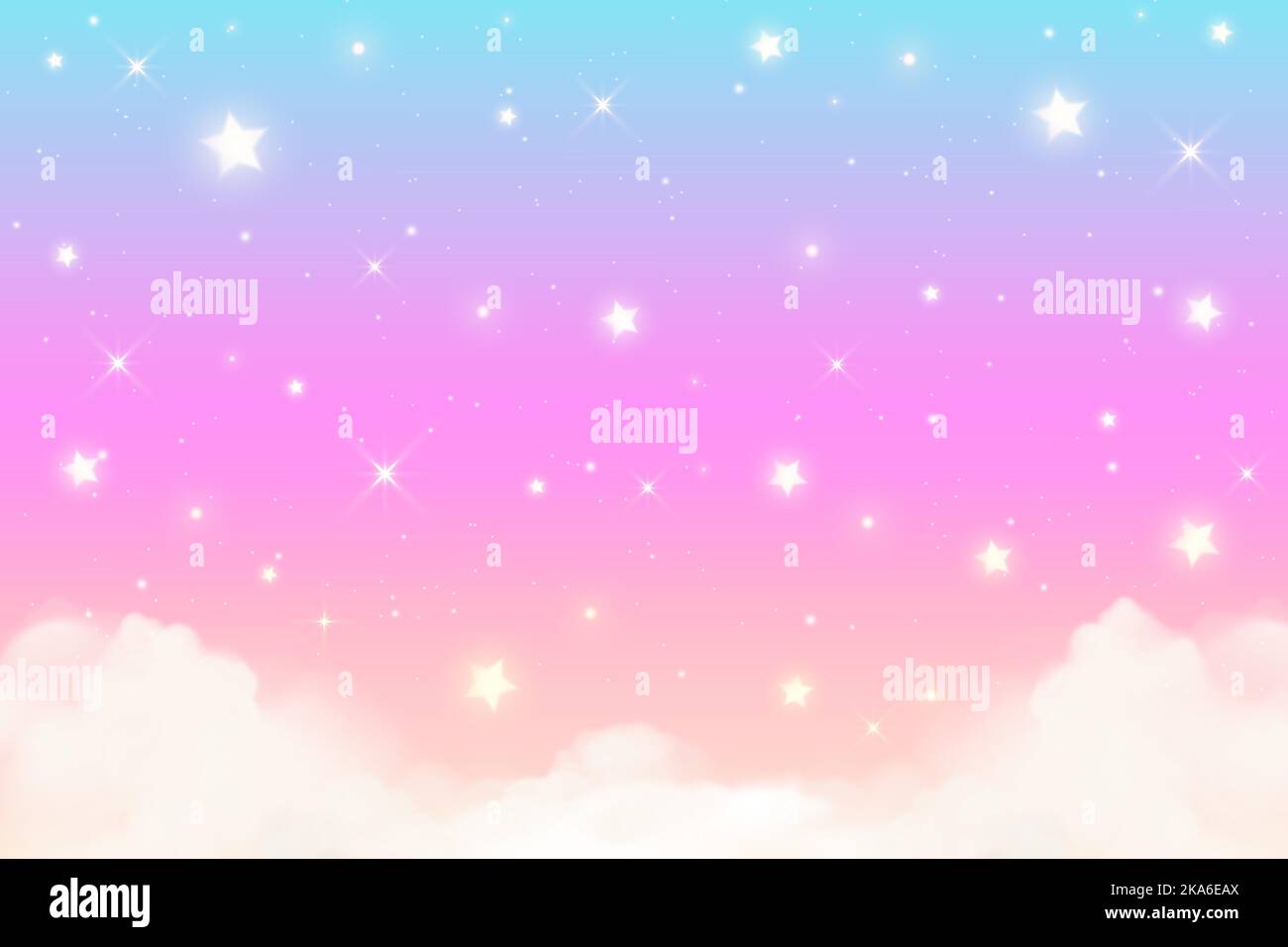 Rainbow unicorn background with clouds and stars. Pastel color sky. Magical pink landscape, abstract fabulous panorama. Cute candy wallpaper. Vector. Stock Vector