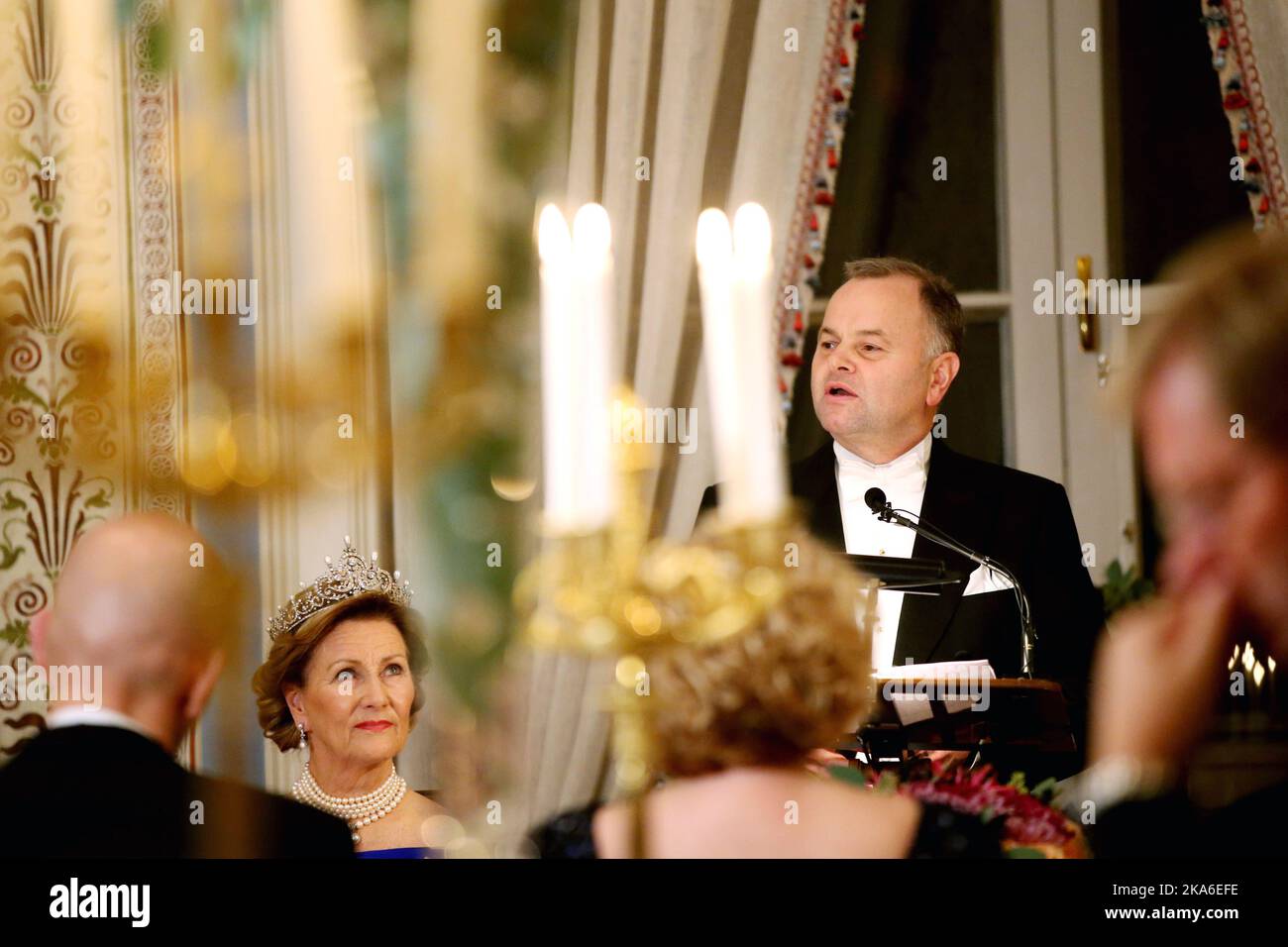Oslo 20151022. Parliamentary President Olemic Thommessen (H) gives a speech during the parliamentary dinner at the Royal Palace, on Thursday night. POOL Photo: Berit Roald / NTB scanpix [LANUAGESEPARATOR] Oslo 20151022. Stortingspresident Olemic Thommessen (H) holder tale under Stortingsmiddagen pa Slottet, torsdag kveld. POOL Foto: Berit Roald / NTB scanpix  Stock Photo