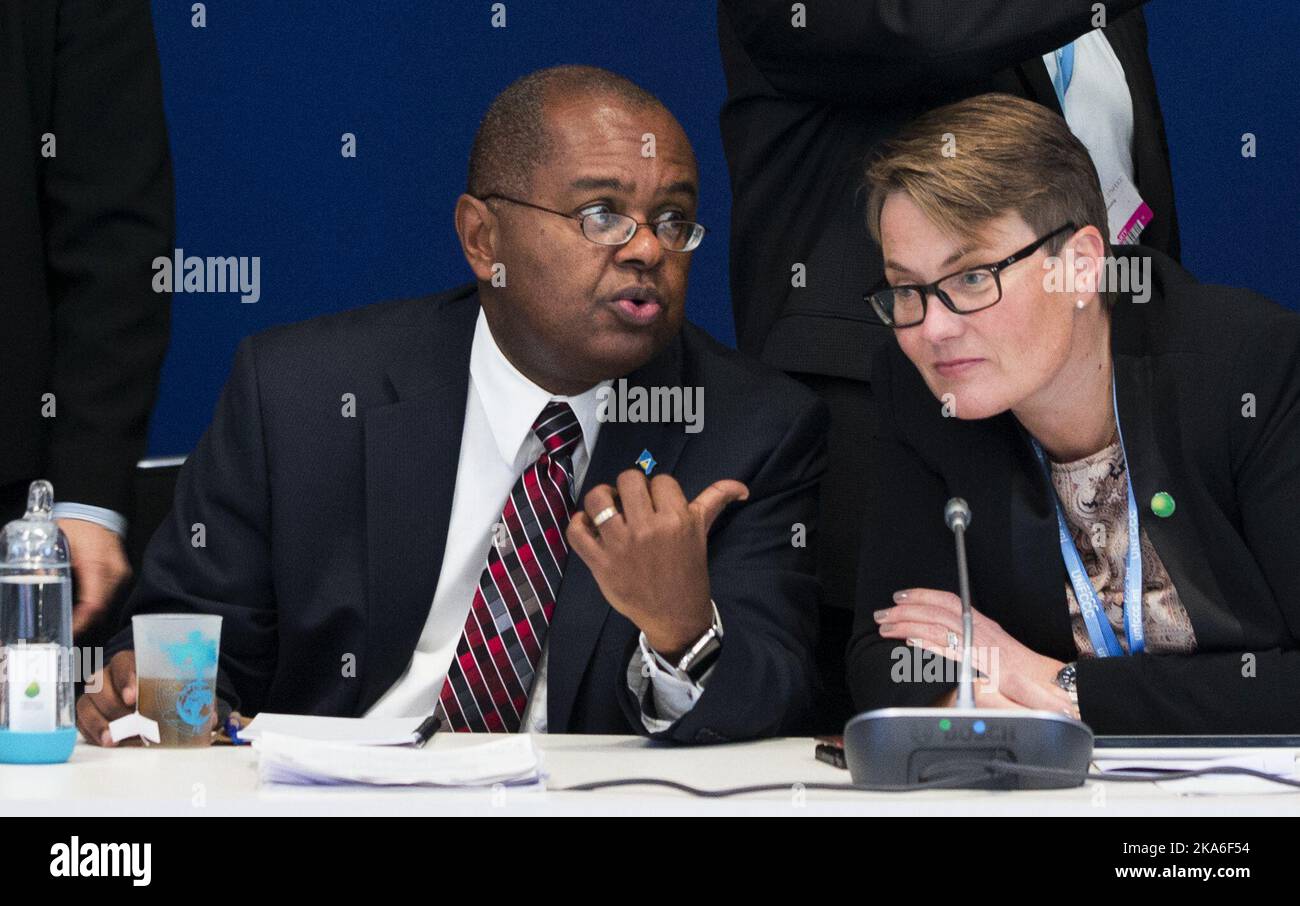 PARIS, FRANCE 20151208. The norwegian Minister of Climate and Environment Tine Sundtoft and James Fletcher (Saint Lucia) leads negotiations on the level of ambition in the new climate agreement at the UN climate conference COP21 in Paris 2015. Photo: Berit Roald / NTB scanpix Stock Photo