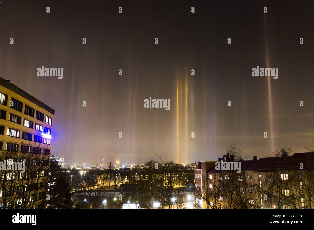 Oslo, Norway 20160106. Rarely weather phenomenon called light pillars which is an atmospheric