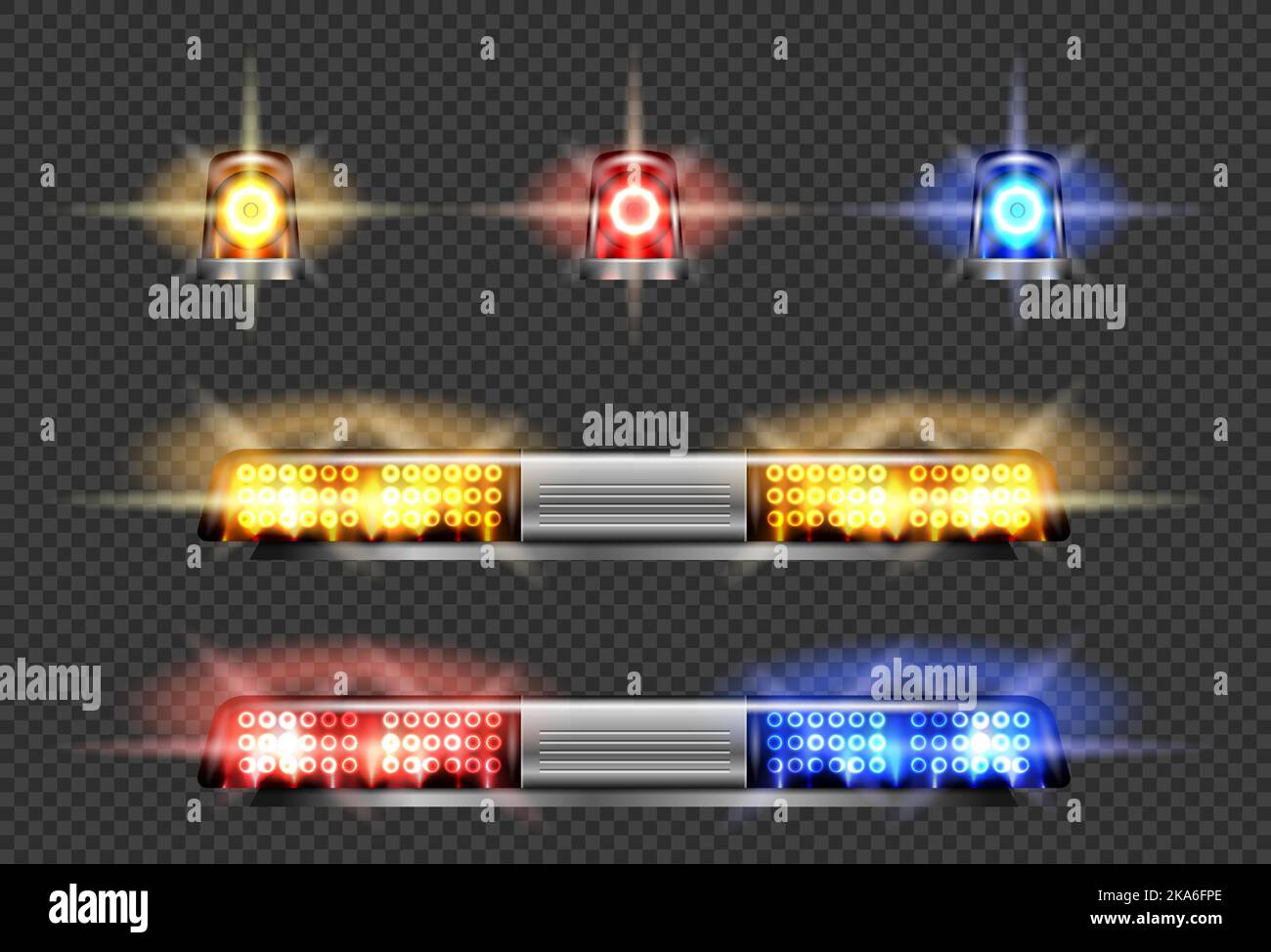Realistic emergency car flasher siren on dark background. Red, blue, yellow lighting beacons with glowing effects for emergency vehicles Stock Vector