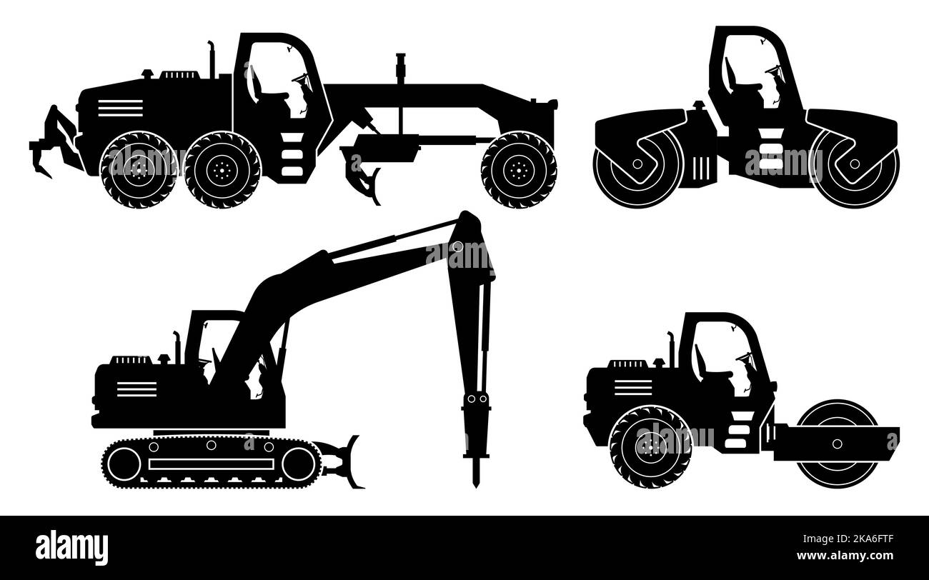 Road construction equipment silhouette on white background. Motor grader, road rollers, hydraulic jackhammer icons set view from side. Stock Vector