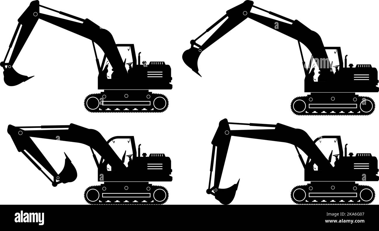 Excavator silhouette on white background. Construction and mining vehicle icons set view from side. Stock Vector